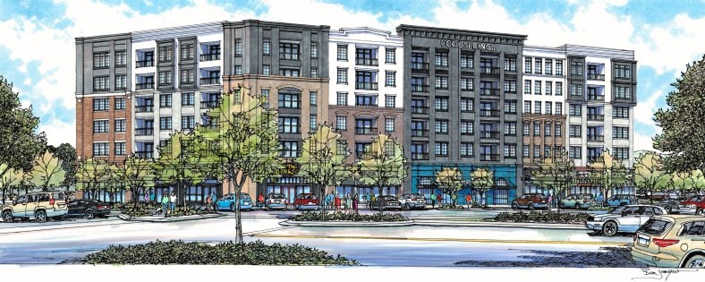 Street-level rendering of the CoolSprings Galleria mixed-use residential development