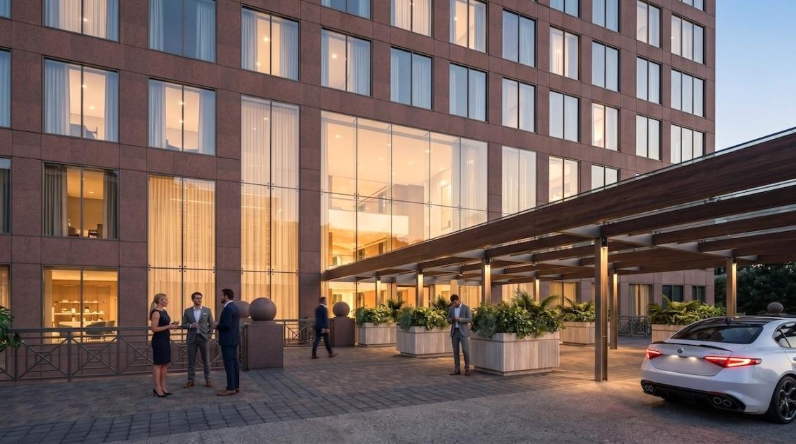 Rendering of the reimagined entry plaza at 2727 Paces Ferry (formerly Paces West)