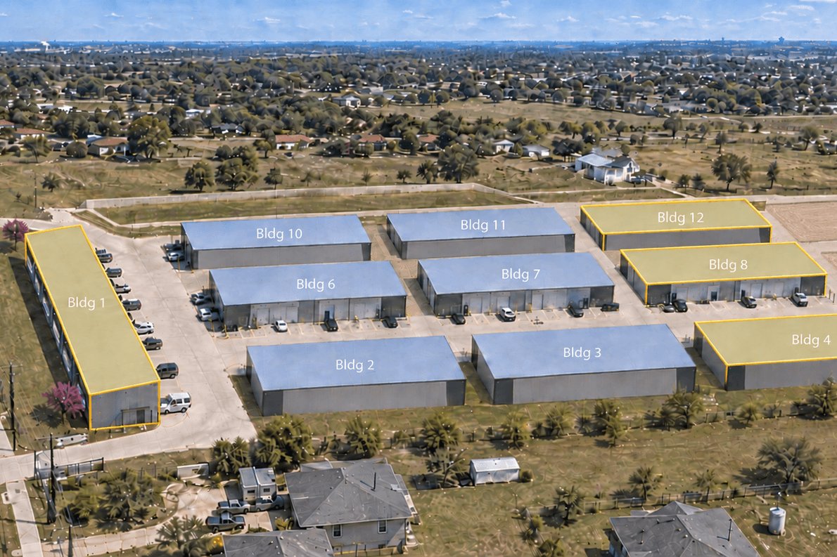 Aerial site plan of Dacy Business Park in Kyle showing existing and planned buildings