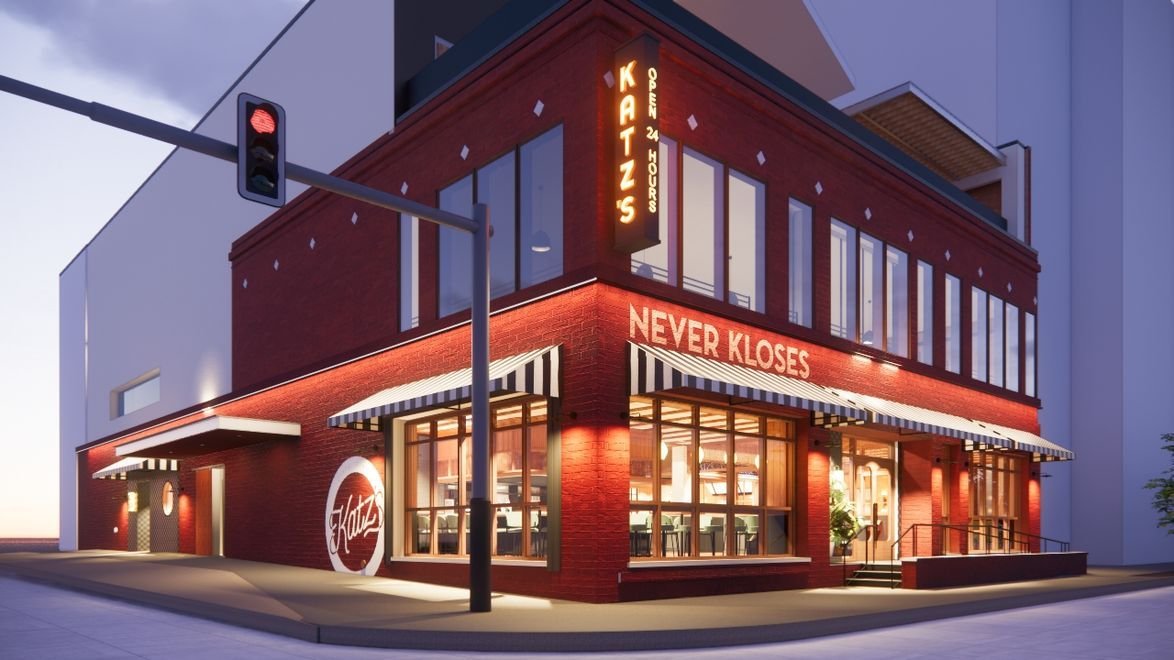 Corner rendering of the redesigned Katz's Deli at 620 W. Sixth St.
