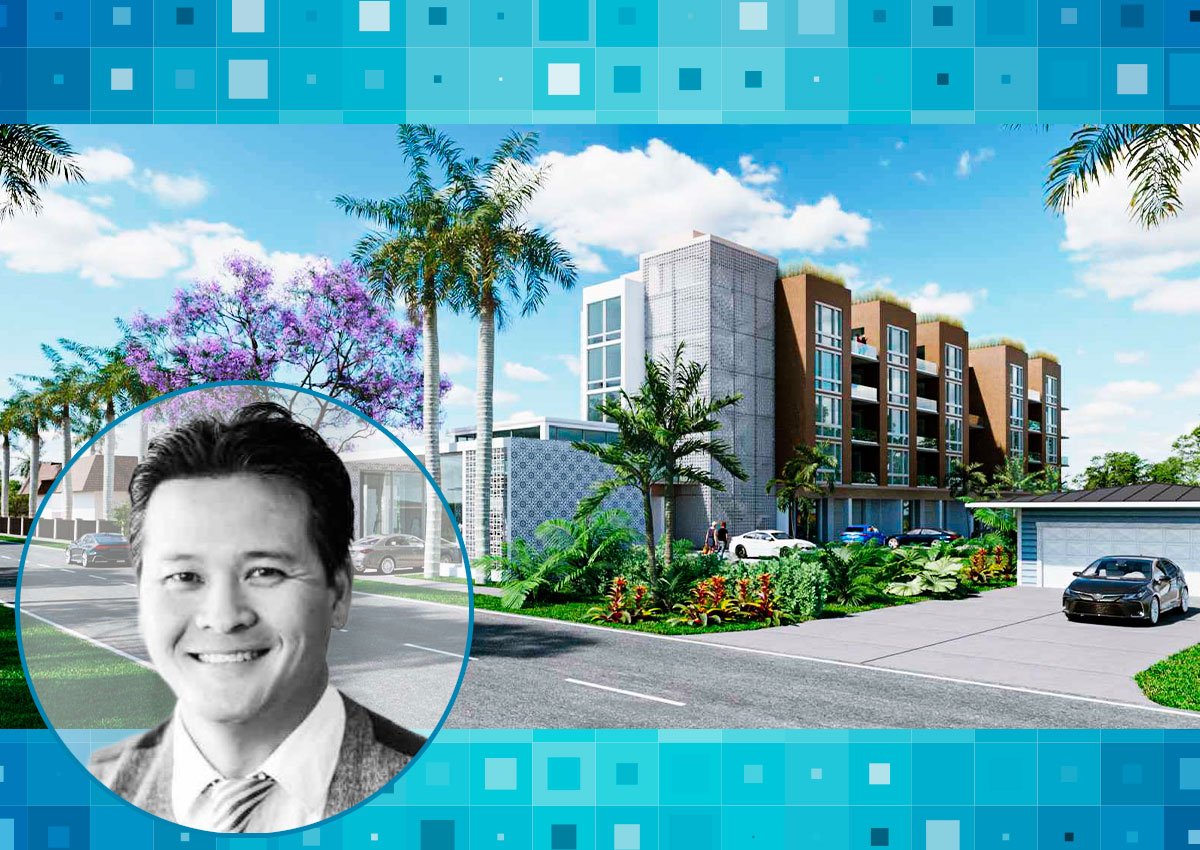 Rendering of Continental Flats, the proposed 42-unit condo at 8445 SW 94th St in Kendall (inset: developer Bob Liu)
