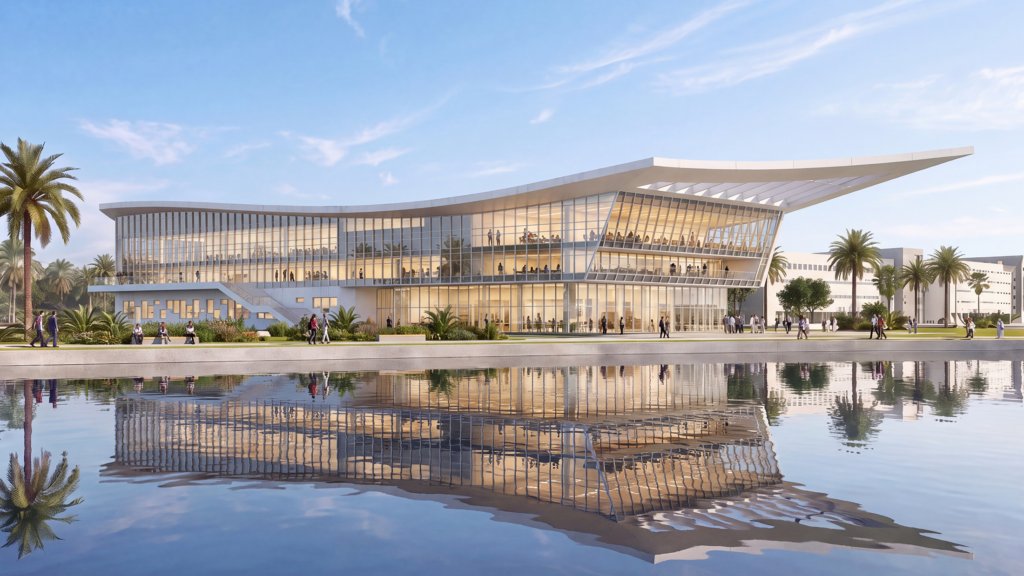 Rendering of the Florida Polytechnic University Student Achievement Center viewed across the campus lake