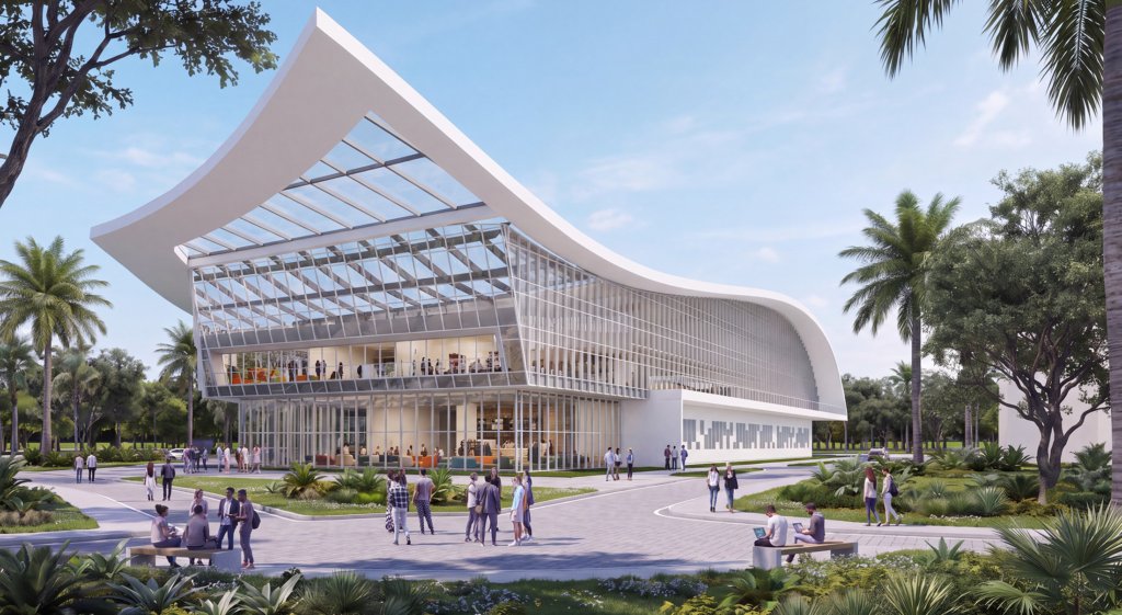 Rendering of the Student Achievement Center's main entry plaza at Florida Polytechnic University