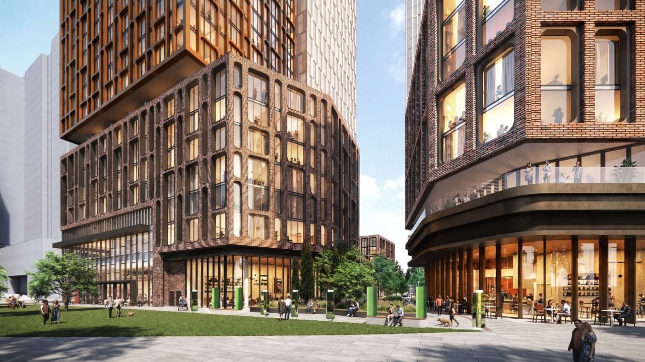 Street-level rendering of retail and public space at Grand Park Village