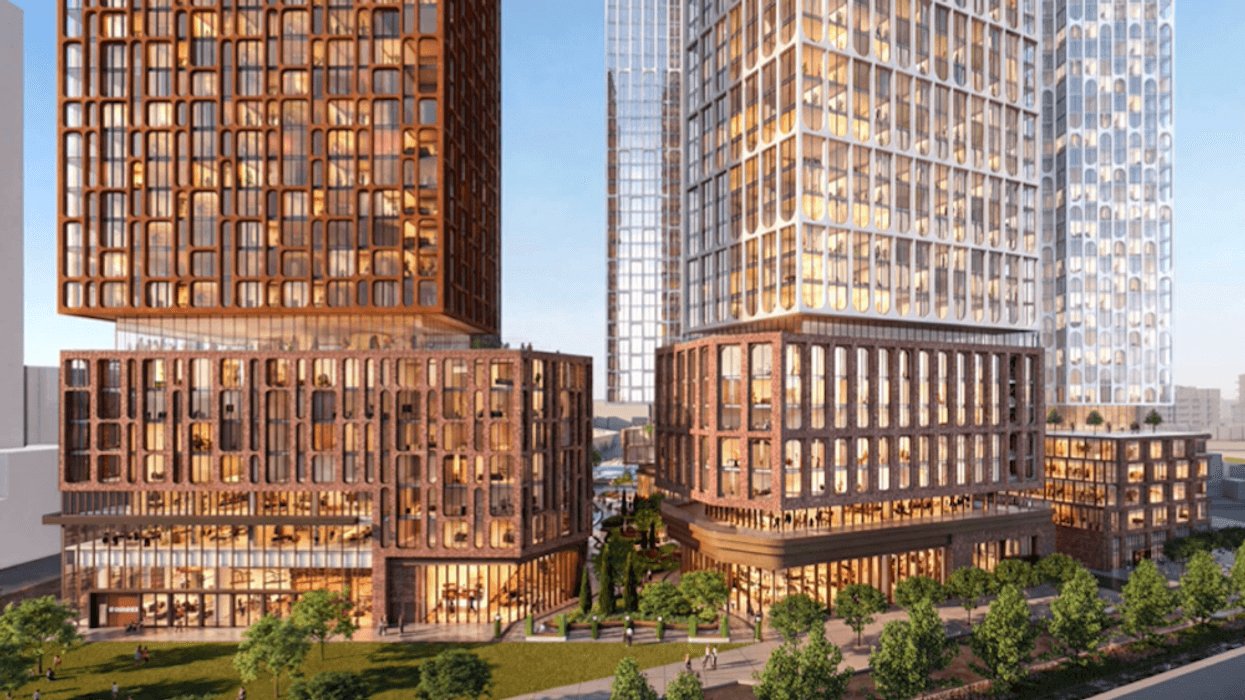 Rendering of Grand Park Village's brick-podium towers and central green space