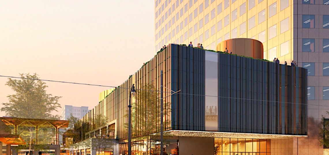 Rendering of the proposed podium and rooftop amenity deck for the Georgia-Pacific Center conversion