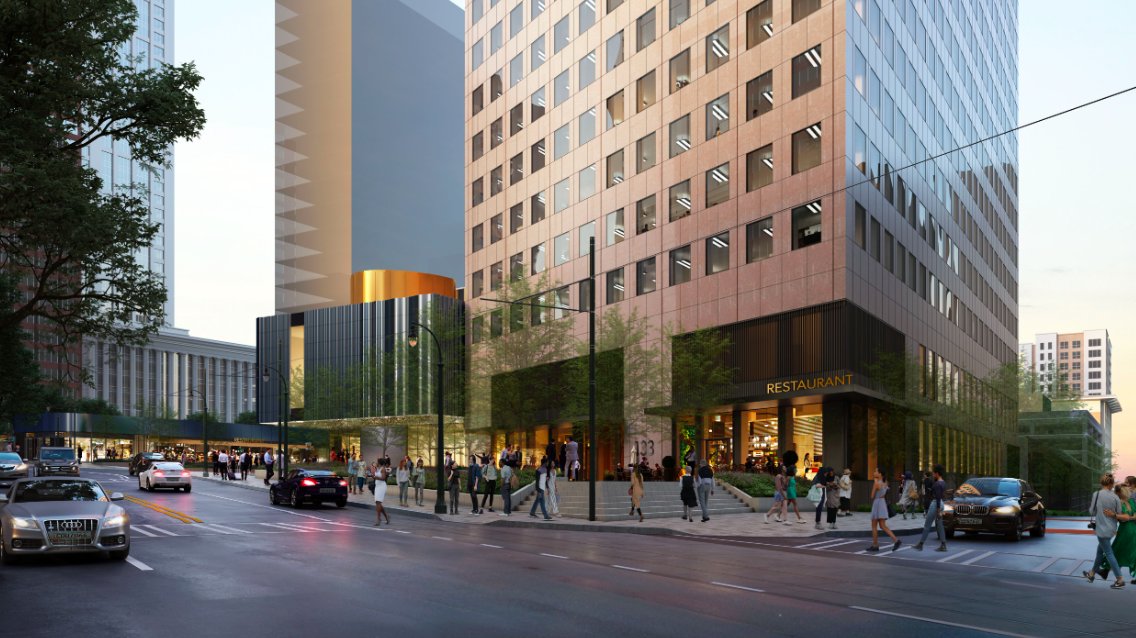 Rendering of the planned restaurant and retail streetscape at the Georgia-Pacific Center conversion