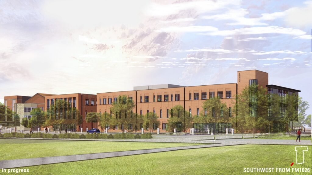 Rendering of the ACC Healthcare Professions Building at Hays Campus, viewed from the southwest along FM 1626