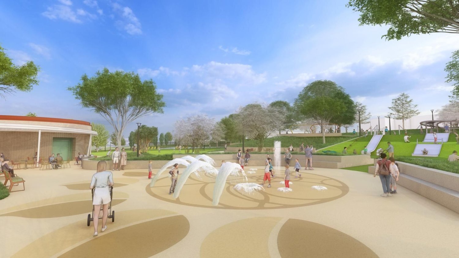 Rendering of the splash pad and play area at the Eastland park