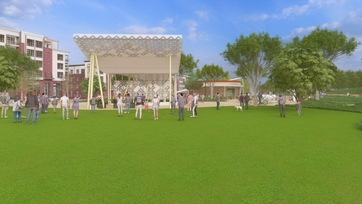 Rendering of the event lawn and performance pavilion at the Eastland park