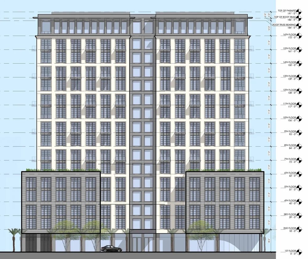 Elevation drawing of the 16-story tower showing floor heights and facade design