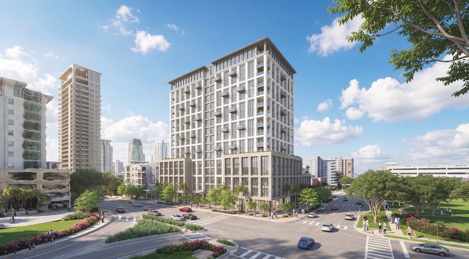 Rendering of the proposed 16-story apartment tower at 446 4th Street South in St. Petersburg