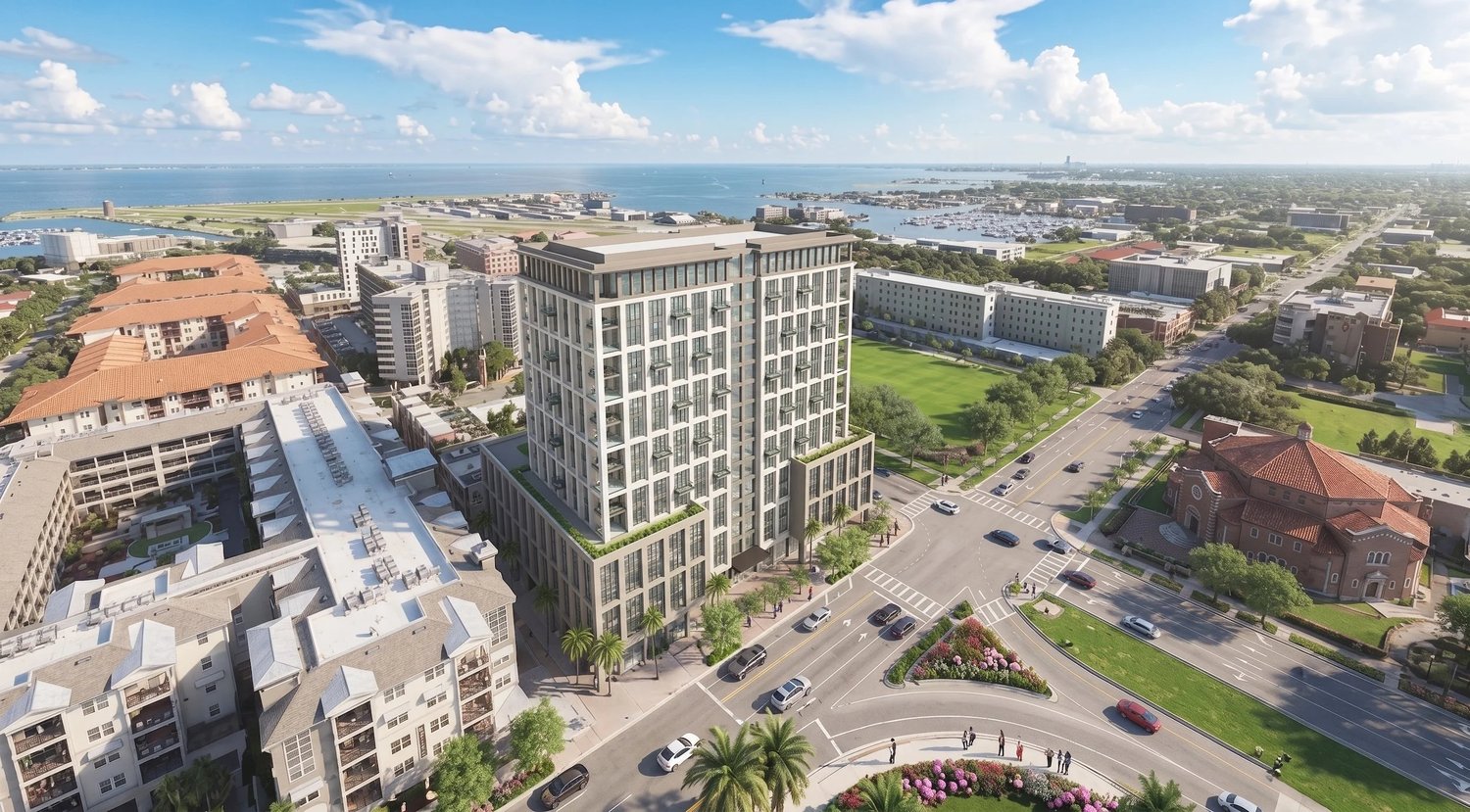 Aerial rendering of the proposed tower at 446 4th Street South with downtown St. Petersburg and Tampa Bay beyond