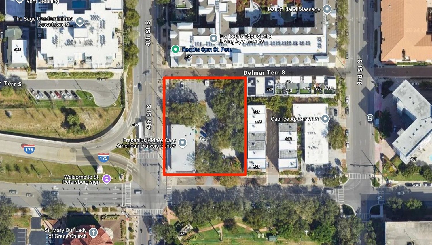 Aerial view of the development site at 446 4th Street South, outlined in red
