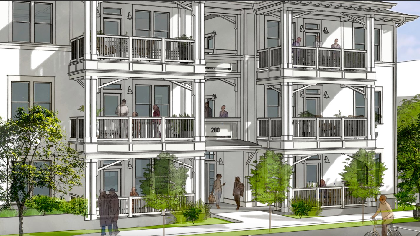 Detail rendering of the entry and porches at 280 James P. Brawley Drive