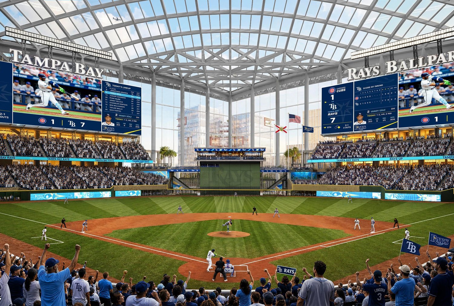 Interior rendering of the proposed Rays ballpark showing the field, seating bowl, and translucent roof