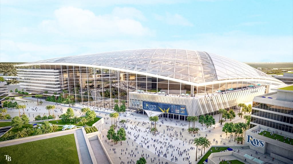Rendering of the main entry plaza of the proposed Rays ballpark in Tampa