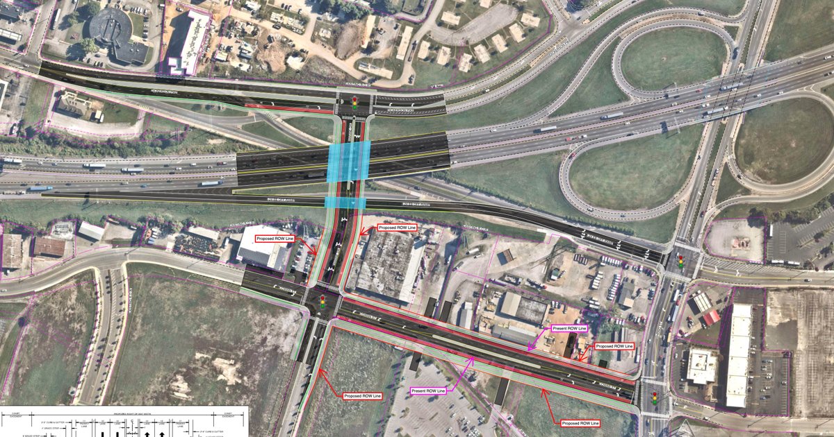 Plan view of the Marine Drive extension from Cowan Street to Dickerson Pike, passing under I-24