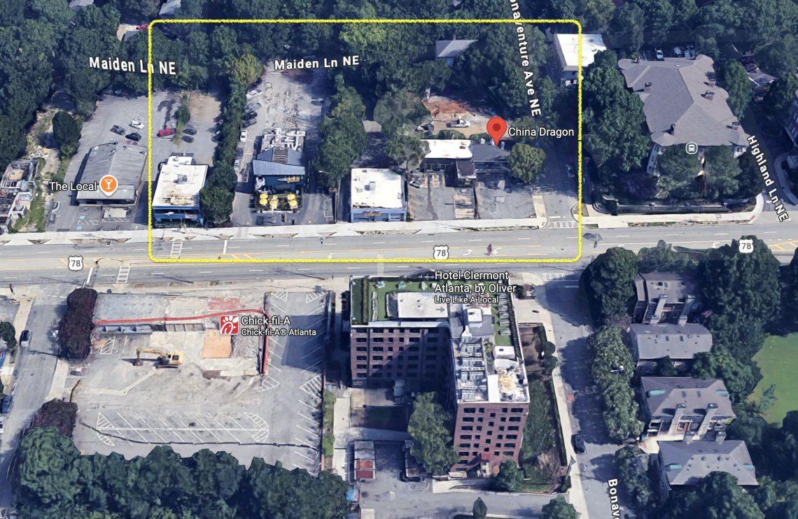 Aerial view of the development site along Ponce de Leon Avenue near Bonaventure Avenue in Virginia-Highland