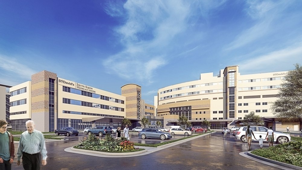 Rendering of St. David's South Austin Medical Center with the planned patient tower expansion (right)