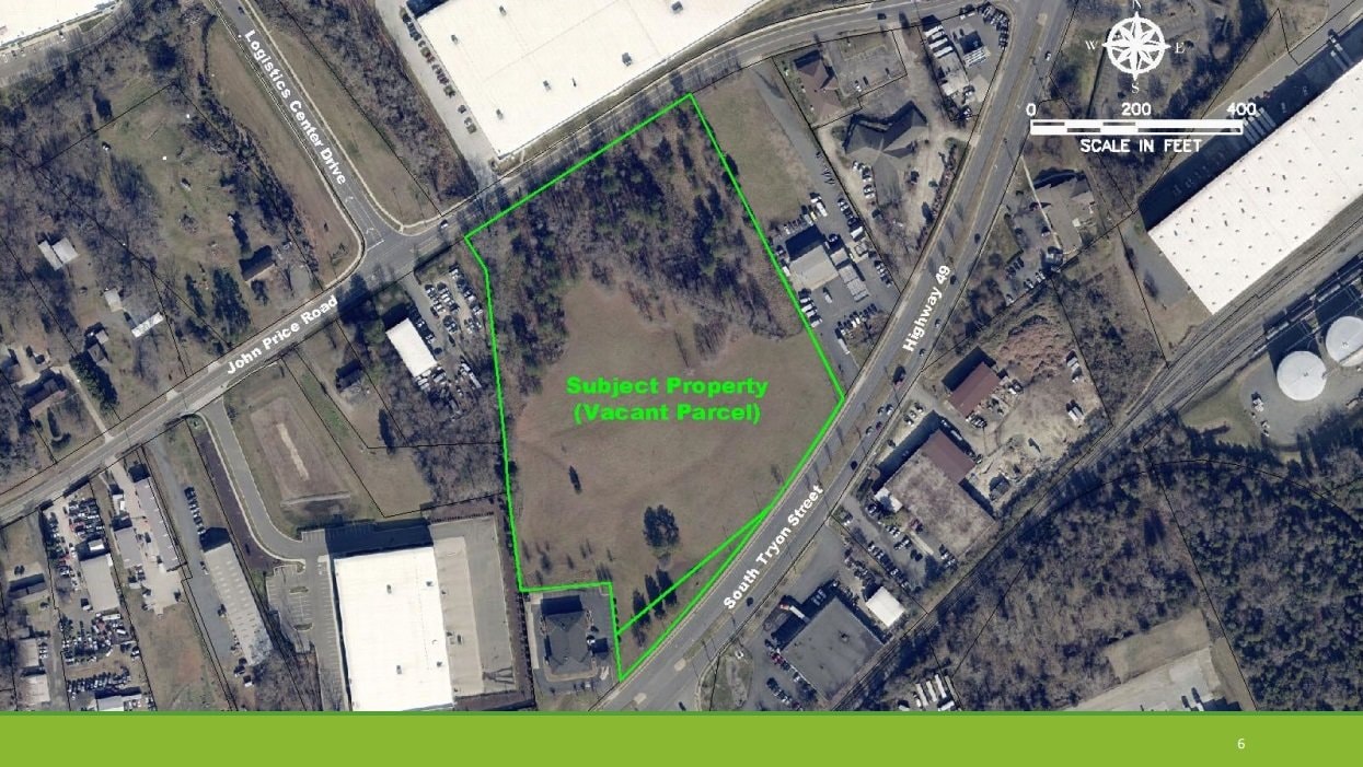 Aerial view of the vacant parcel at John Price Road and South Tryon Street slated for the Steele Creek Recycling Center