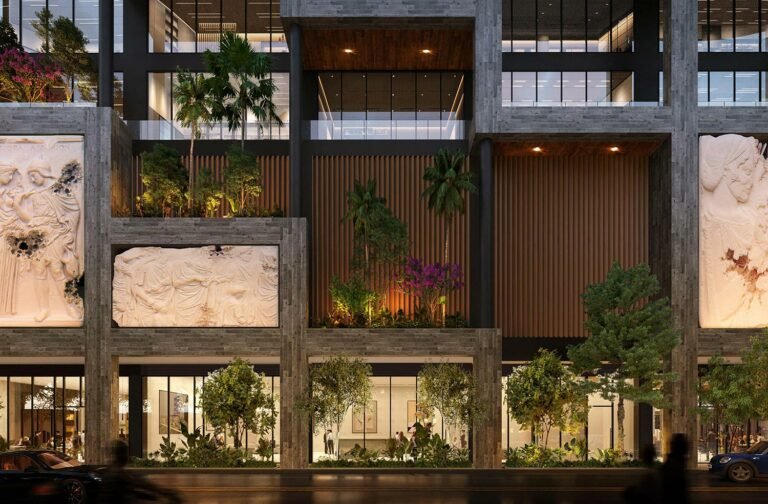 Detail rendering of The Ursa's planted facade and art panels