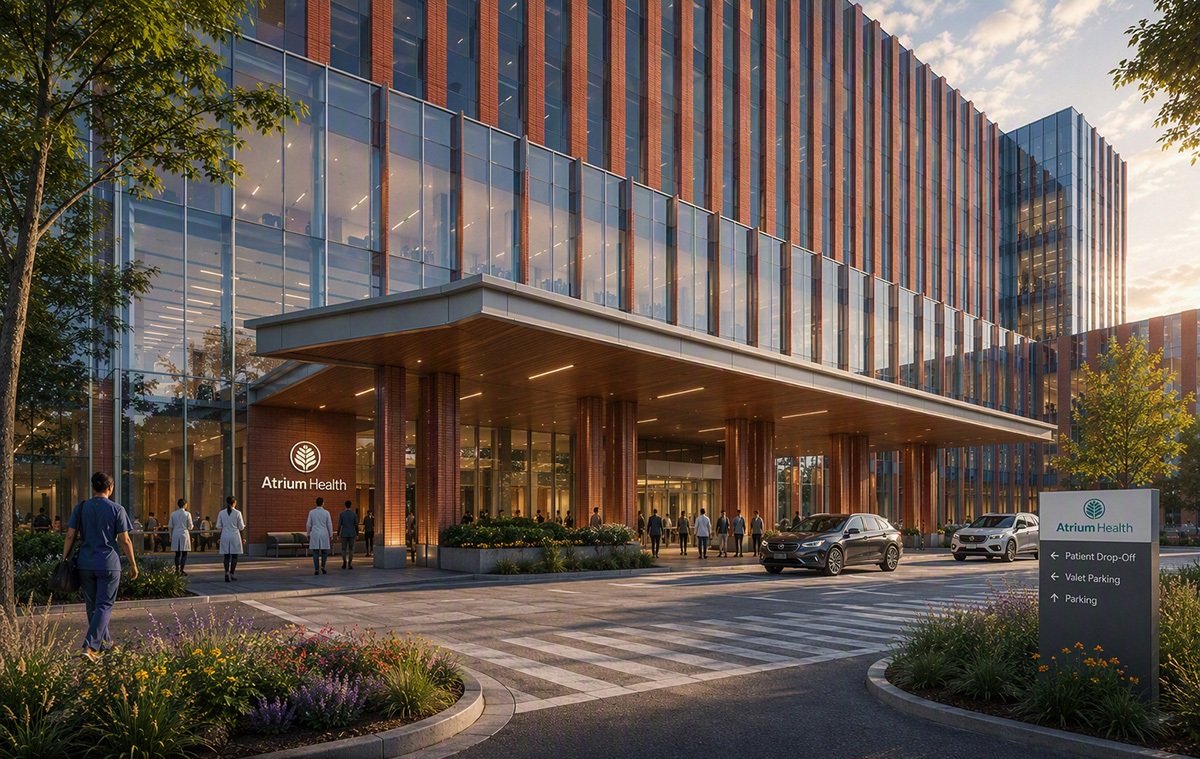 Rendering of the main entrance and patient drop-off at the Atrium Health & Morehouse School of Medicine teaching hospital at The MET Atlanta