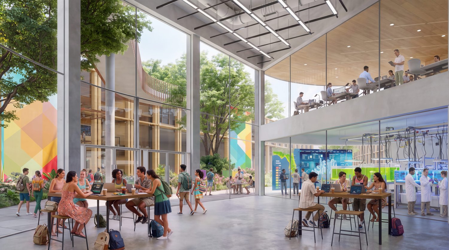 Rendering of an indoor-outdoor collaboration and lab space at the proposed CMU Miami campus