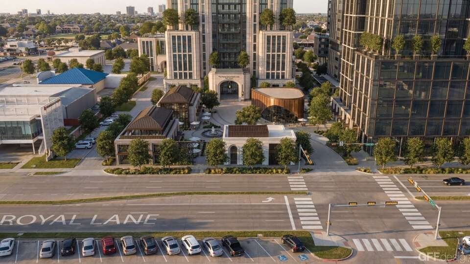 Rendering of the project's plaza and retail pavilions along Royal Lane