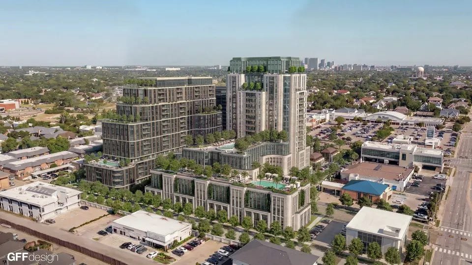 Aerial rendering of the proposed towers at Preston and Royal with the Dallas skyline beyond (GFF Design)