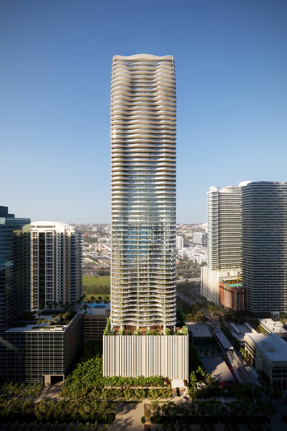 Rendering of The Residences at 1428 Brickell rising above Brickell Avenue