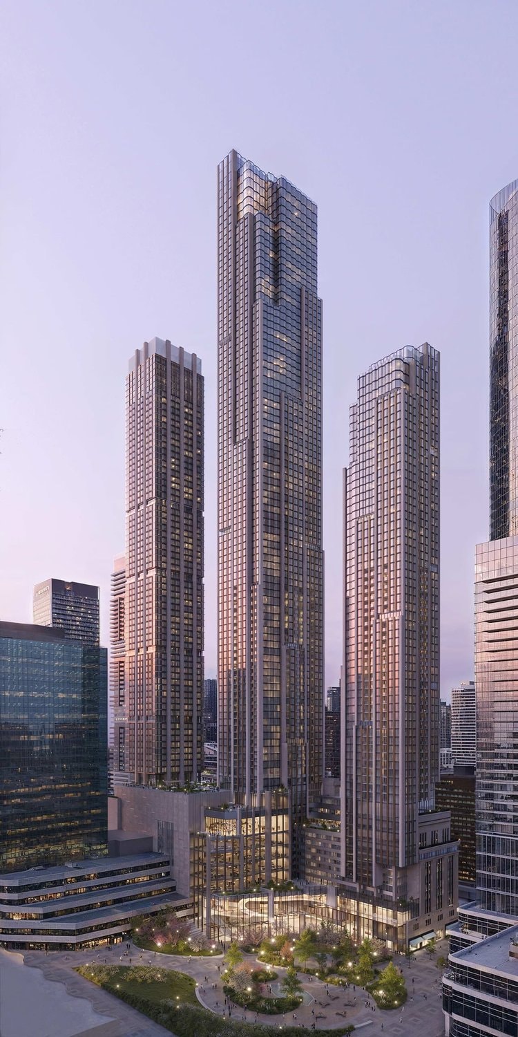 Dusk rendering of the College Park Redevelopment's three towers and shared podium