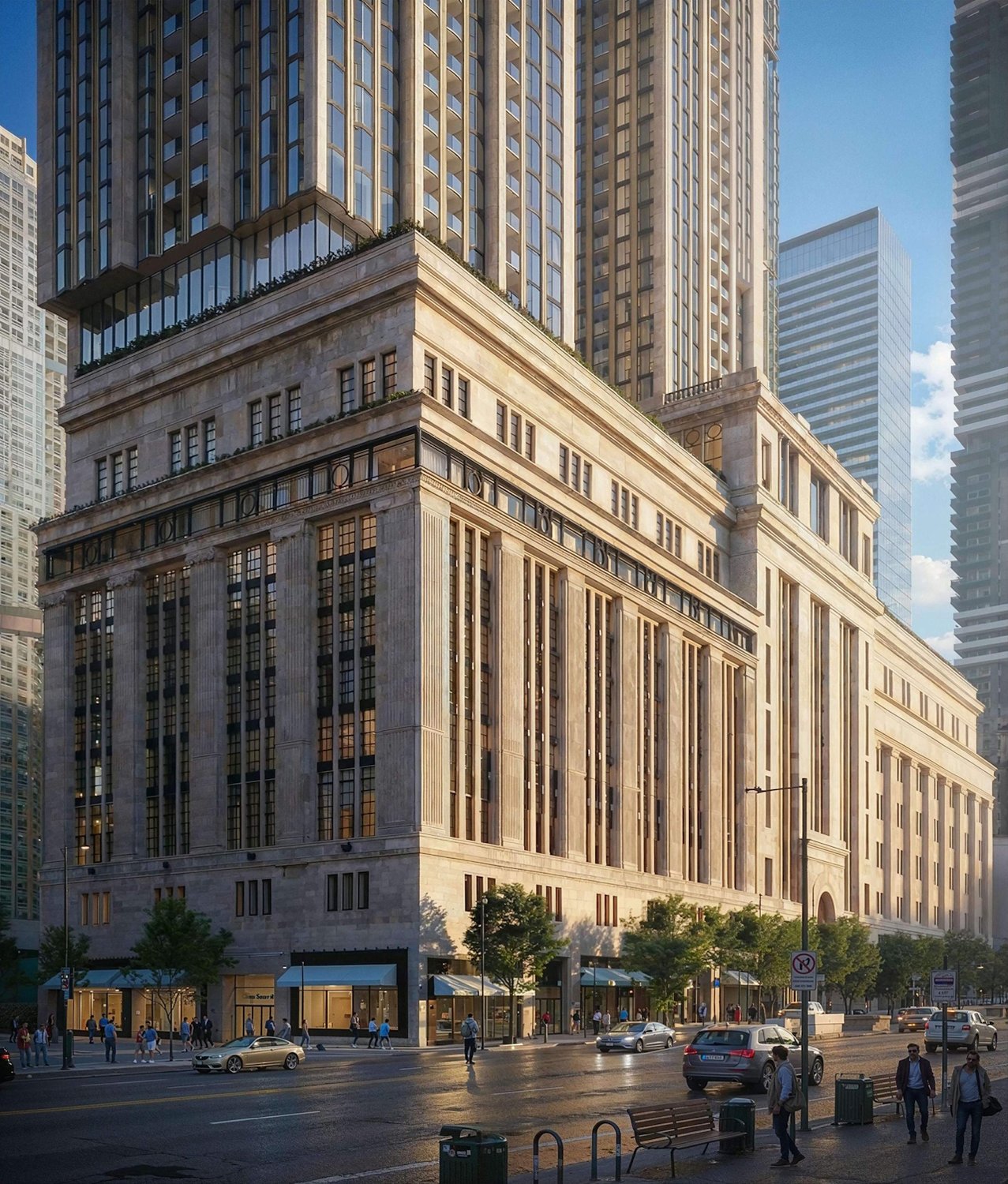 Rendering of the restored College Park heritage building at Yonge and College with new residential tower above