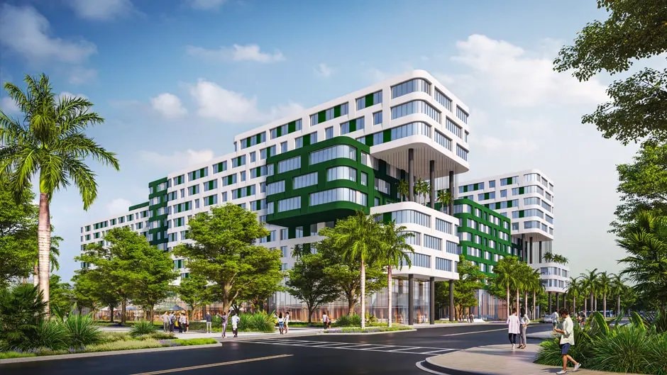 Rendering of Gables Village viewed from the street, showing the Arquitectonica-designed residential blocks