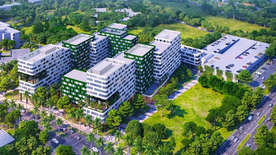Aerial rendering of Gables Village, the University of Miami's new student housing complex in Coral Gables