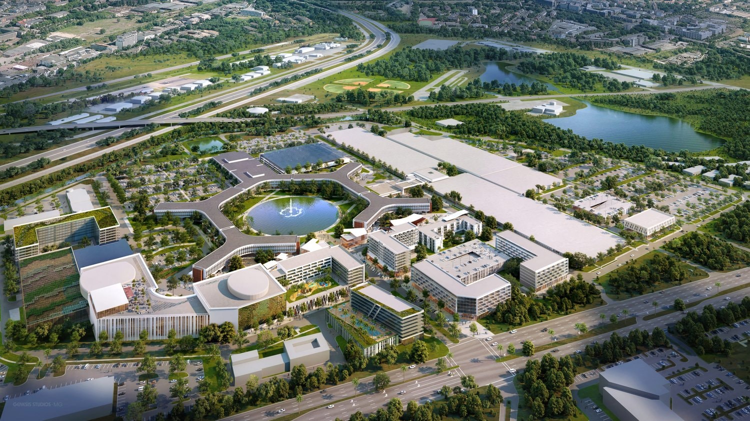 Aerial rendering of the BRiC redevelopment showing new construction integrated with the existing campus alongside I-95