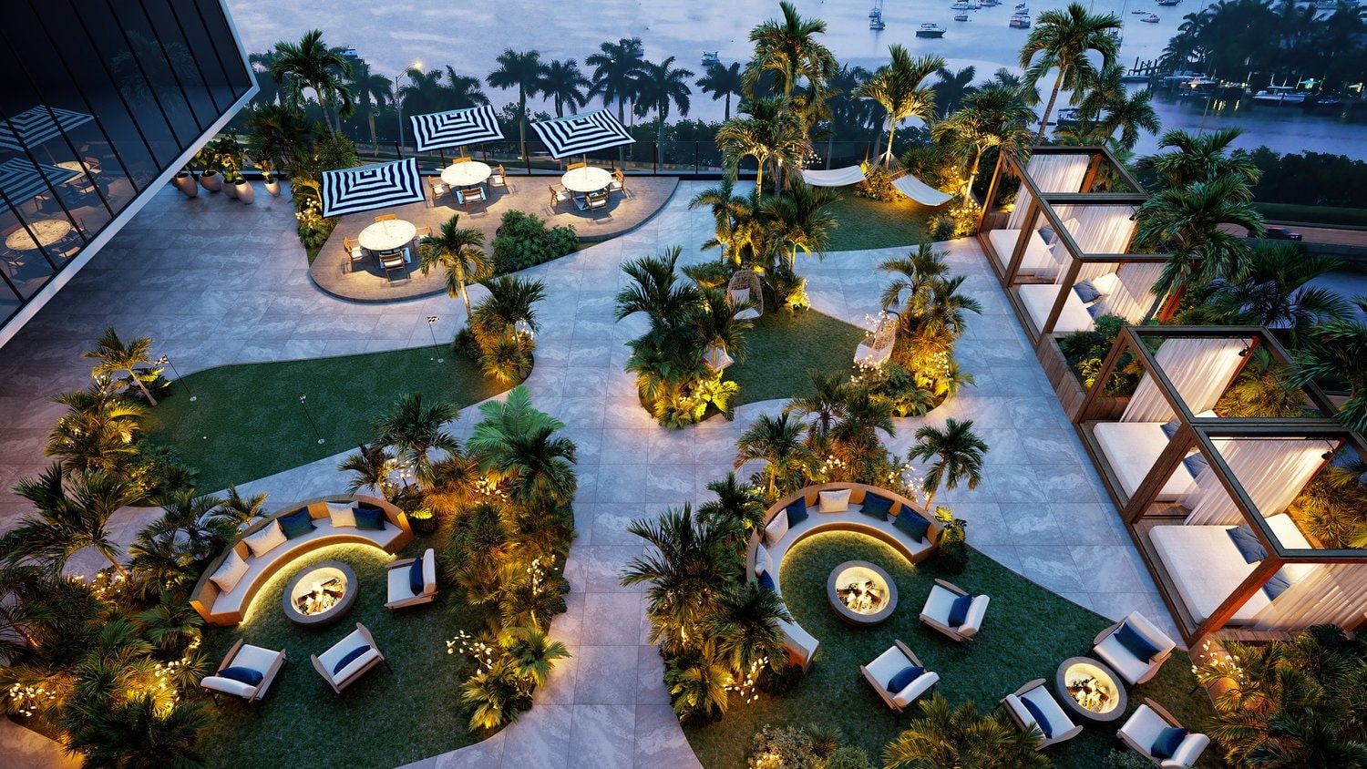 Rendering of Shoma Bay's landscaped amenity deck overlooking Biscayne Bay