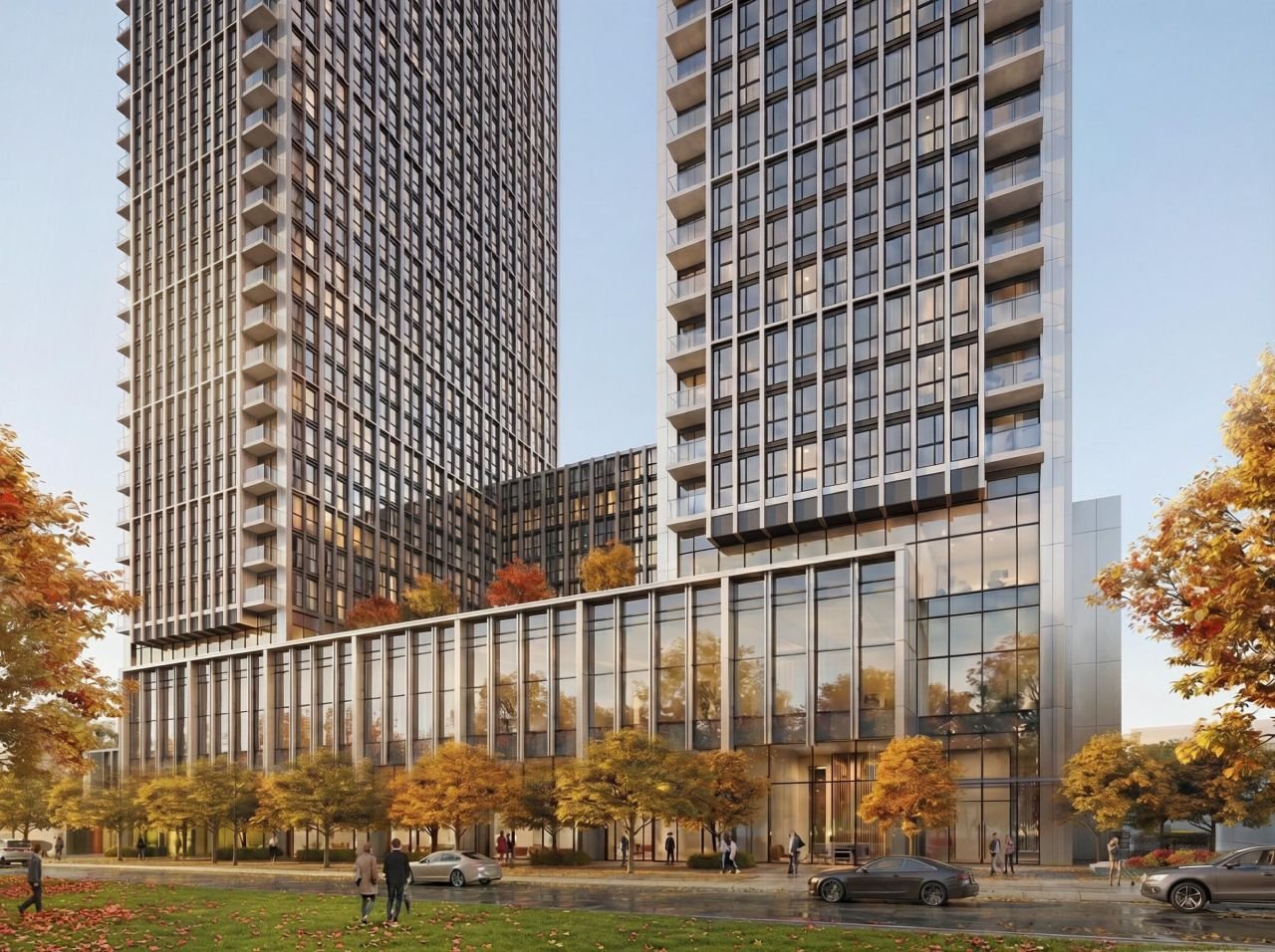 Rendering of the twin 50-storey towers at 60 Overlea Boulevard, viewed from street level