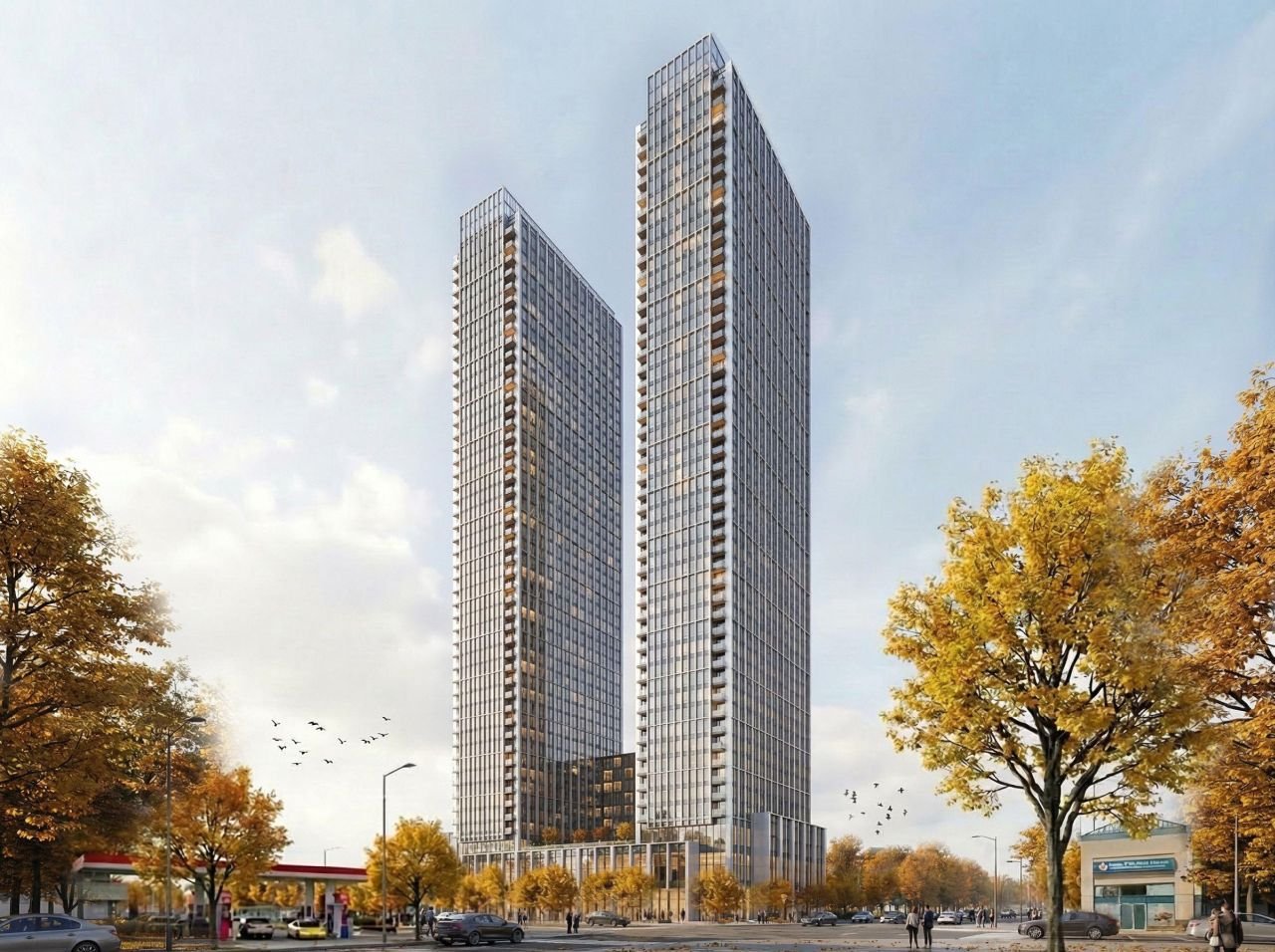 Rendering of 60 Overlea Boulevard's twin rental towers rising above the podium