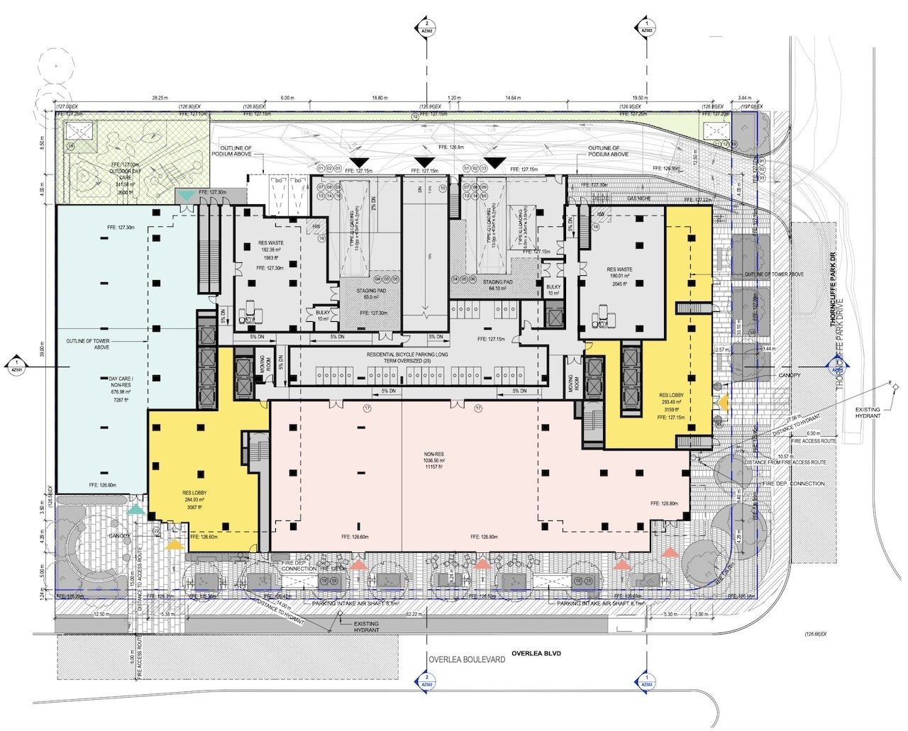 Ground-floor plan for 60 Overlea Boulevard showing the twin-tower podium layout