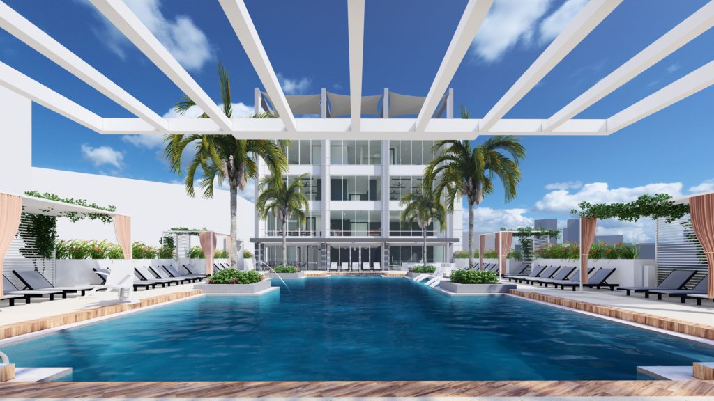 Rendering of the resort-style pool and pergola at Coral Walk