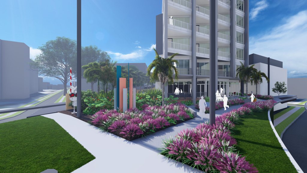 Street-level rendering of Coral Walk's landscaped entry along W. Fig St.