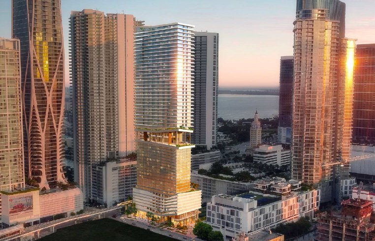 Aerial rendering of the proposed hotel and residential tower at Miami Worldcenter, looking toward Biscayne Bay