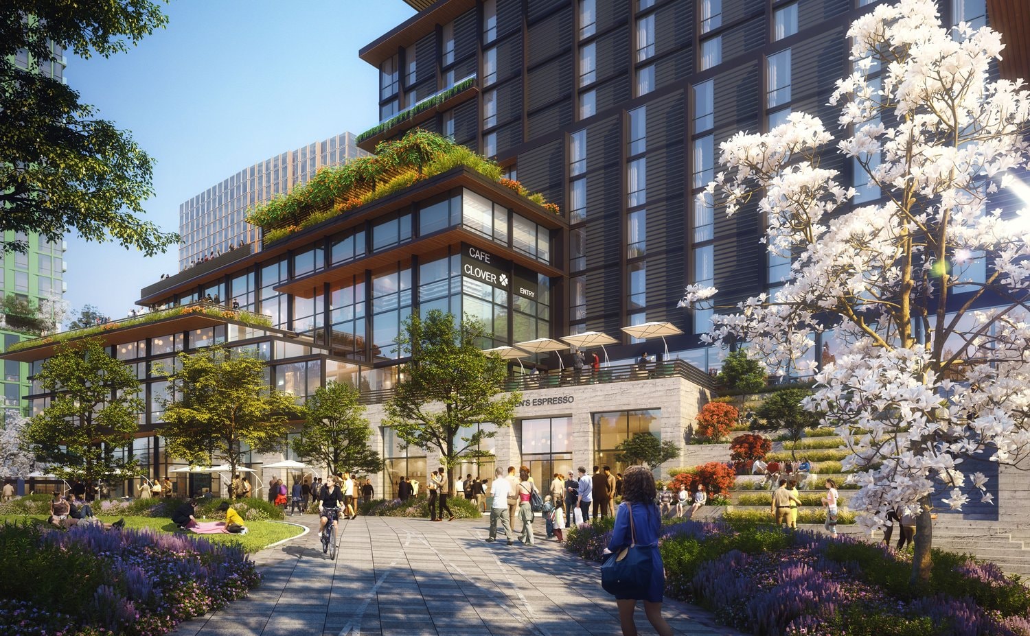 Rendering of a landscaped plaza and cafe at Station East