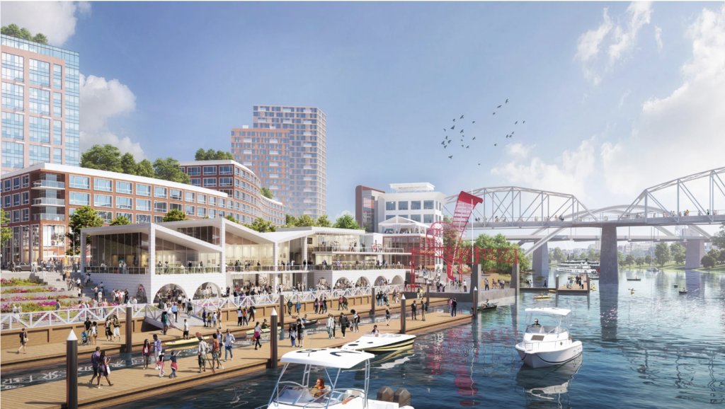 Rendering of the East Bank riverfront promenade and marina along the Cumberland River