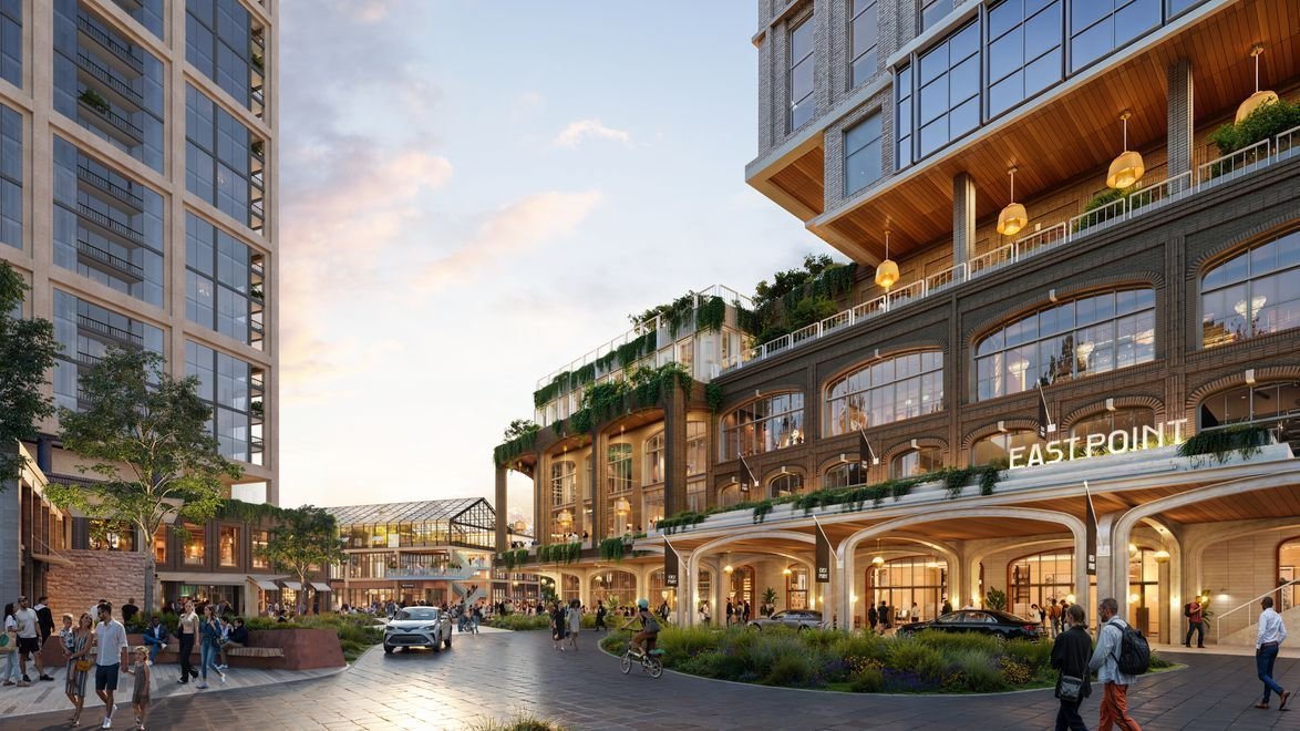 Rendering of the East Point district streetscape in Nashville's East Bank plan