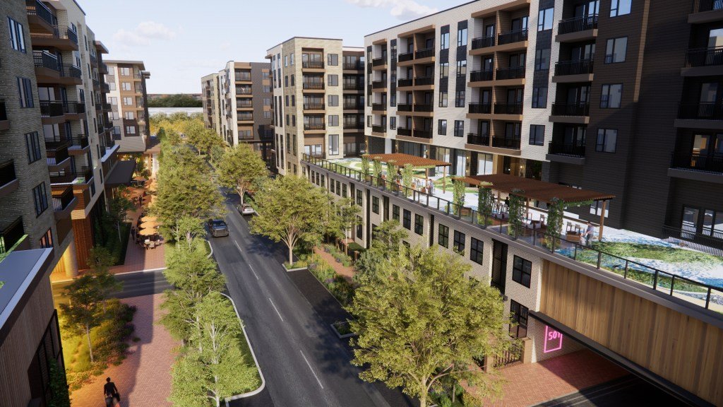 Rendering of an internal street and amenity deck in the proposed North Loop mixed-use district