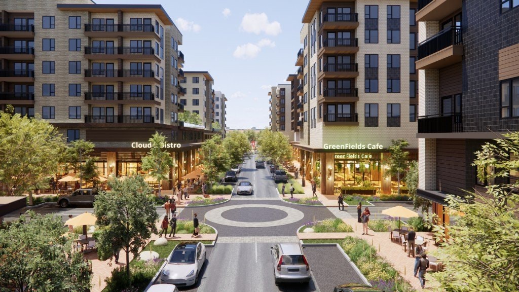 Street-level rendering of retail and residences in the proposed North Loop mixed-use district