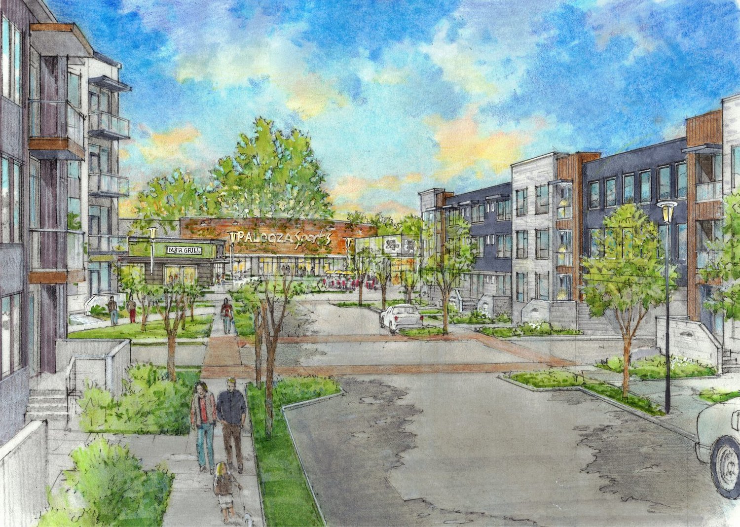 Sketch rendering of the walkable retail street at the Rivergate Master Plan Development