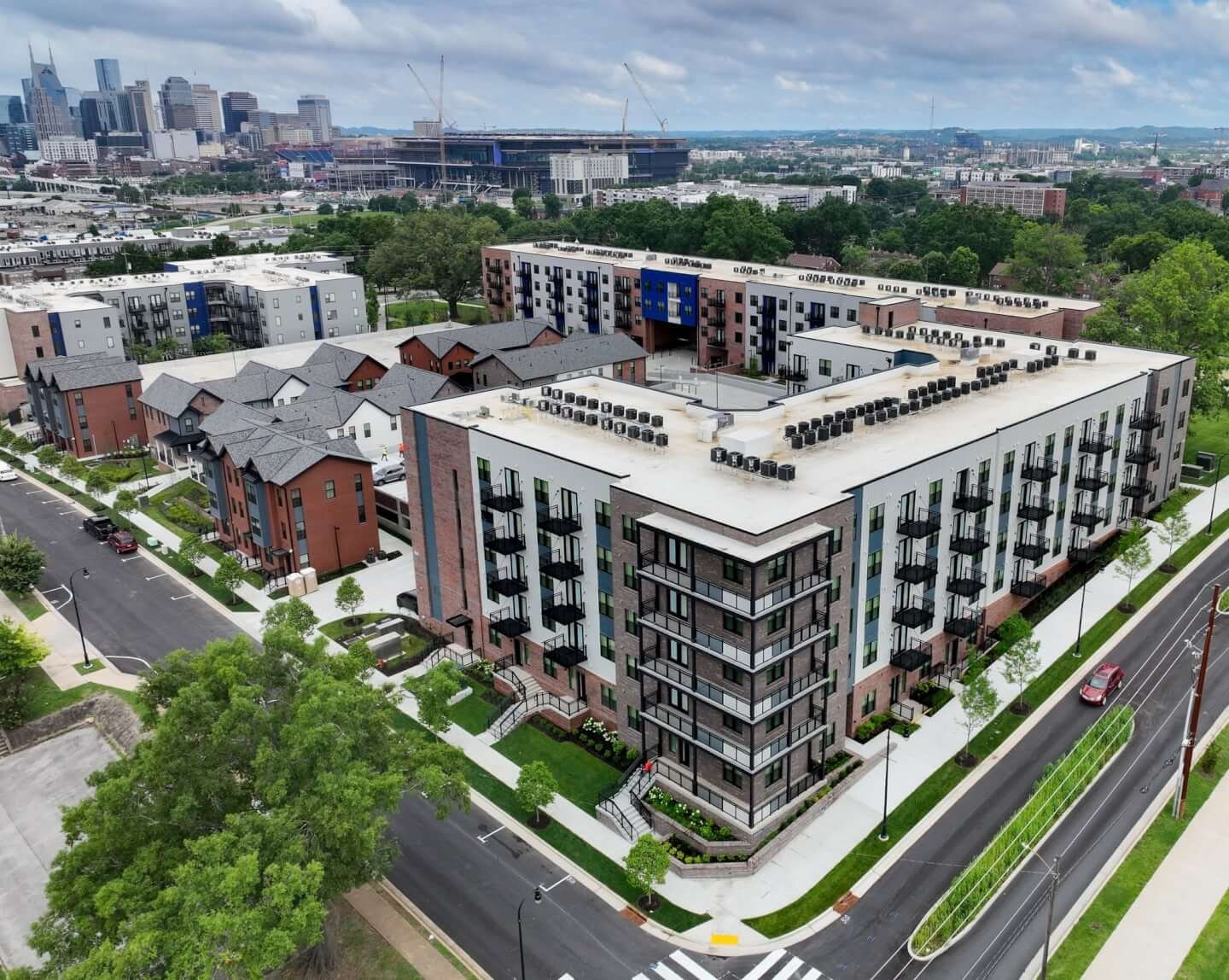 Aerial view of the completed Park Point East development with downtown Nashville in the background